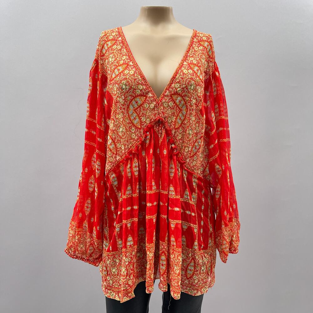 Rose + Olive Top Women XL Red Boho Printed Metallic Sheer Blouse Hippie V-Neck